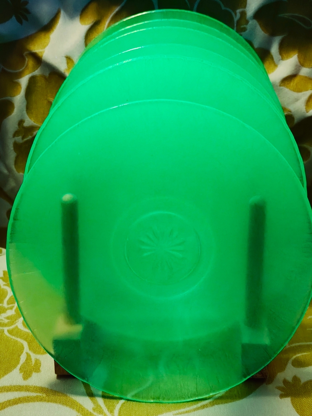 Antique Iridescent Uranium Stretch Glass Plate Set